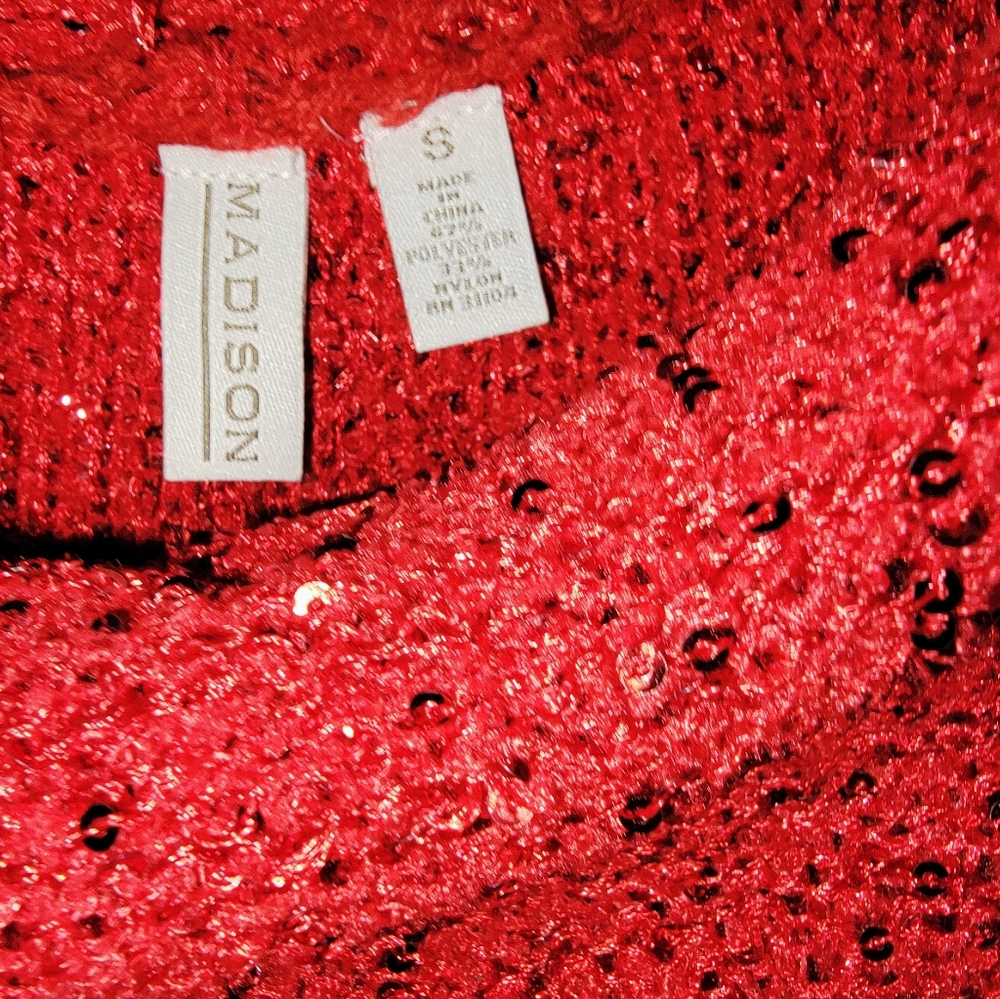 Madison Red Sequin Cowl Neck Sweater Small 3/4 Sleeves Pullover - Picture 4 of 16